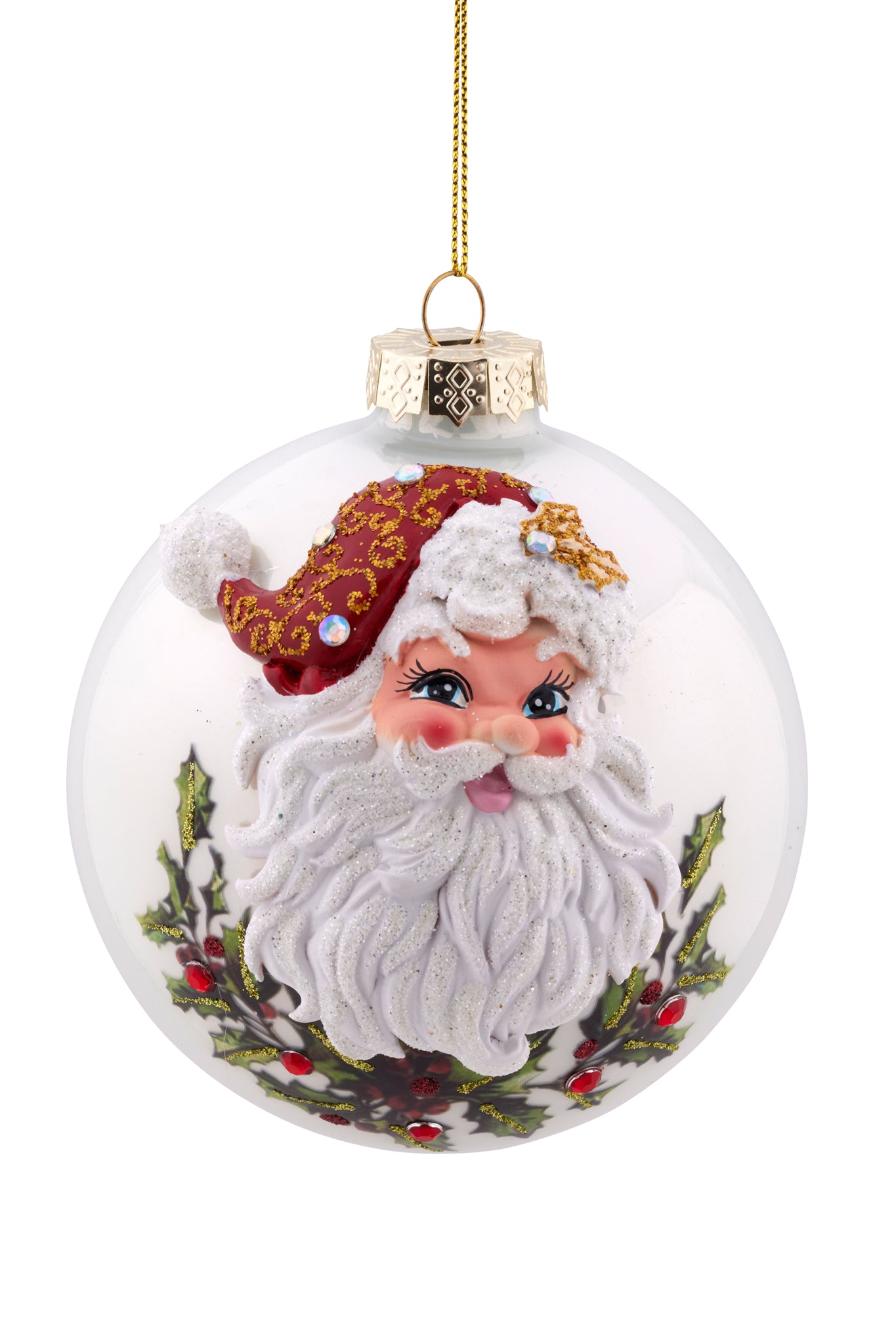 Christmas Bauble- White Glass with Raised Santa Head