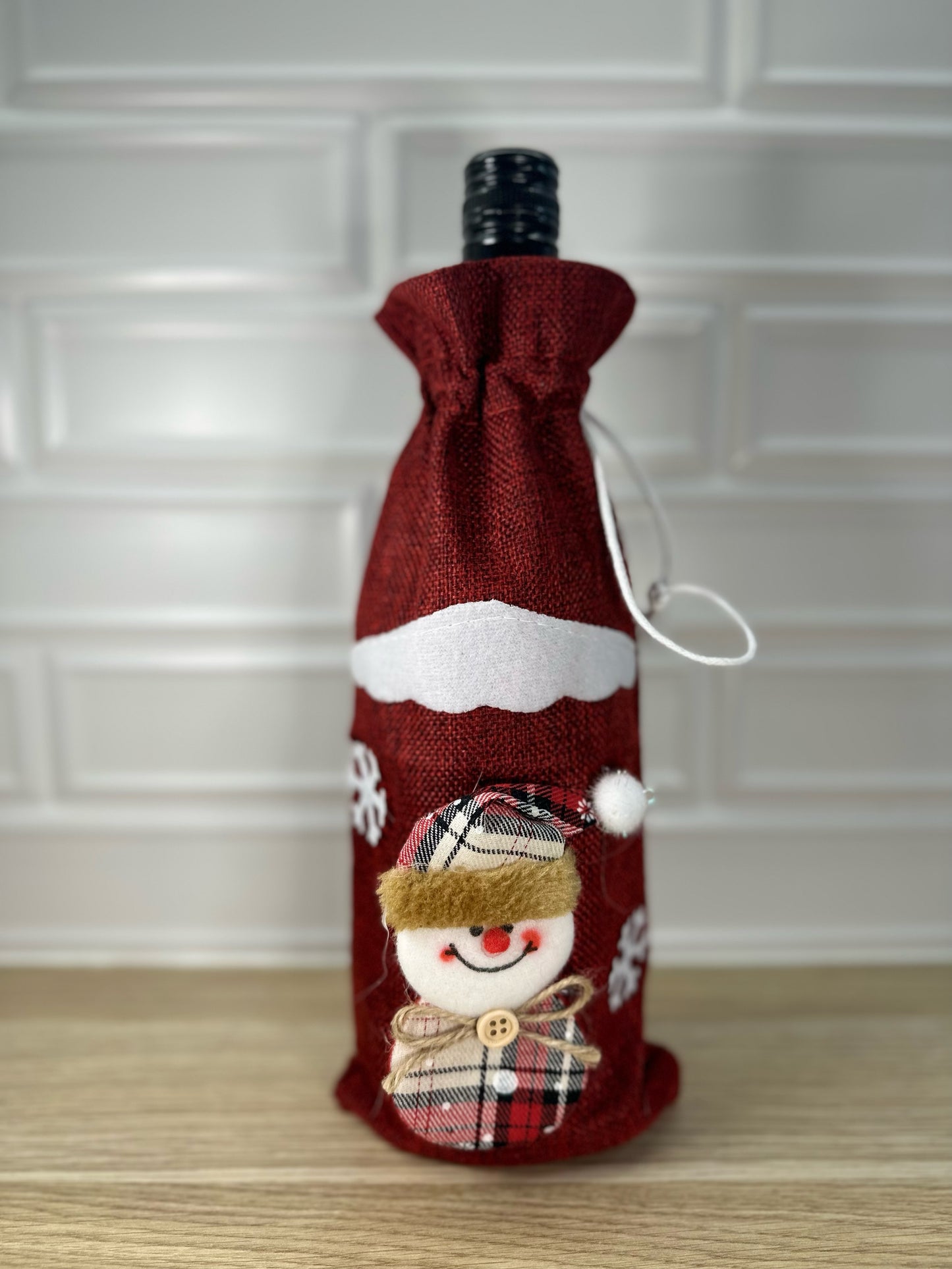 Snowman Wine Bottle Sack - RED