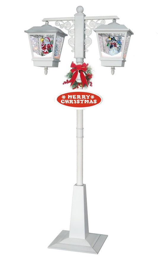 Double Christmas Lamp Post with Lights, Snow, Music- White, 188cm