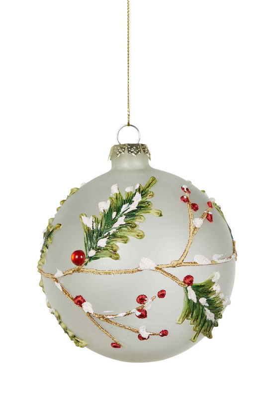 Christmas Bauble- White Glass with Holly